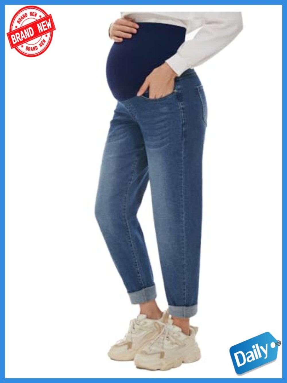 Maternity Boyfriend Jeans Over Belly Stretch Comfy Loose Denim Pants with